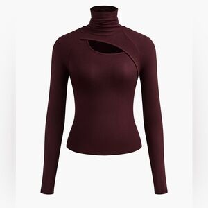 COMMENSE Asymmetric Cut Out Turtleneck Long Sleeve Slinky Top - size XLarge
